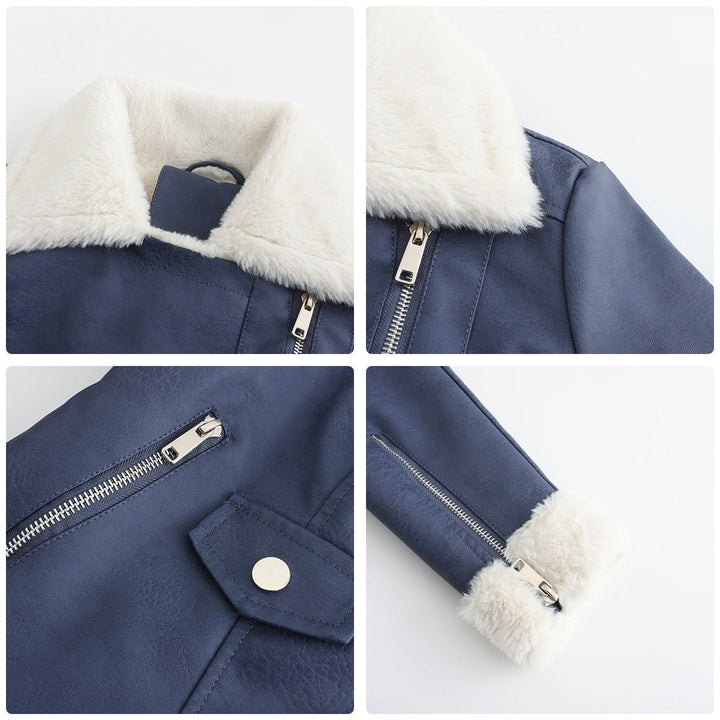Women's Retro Sherpa-Lined Faux Fur Coat Cropped Biker Jacket