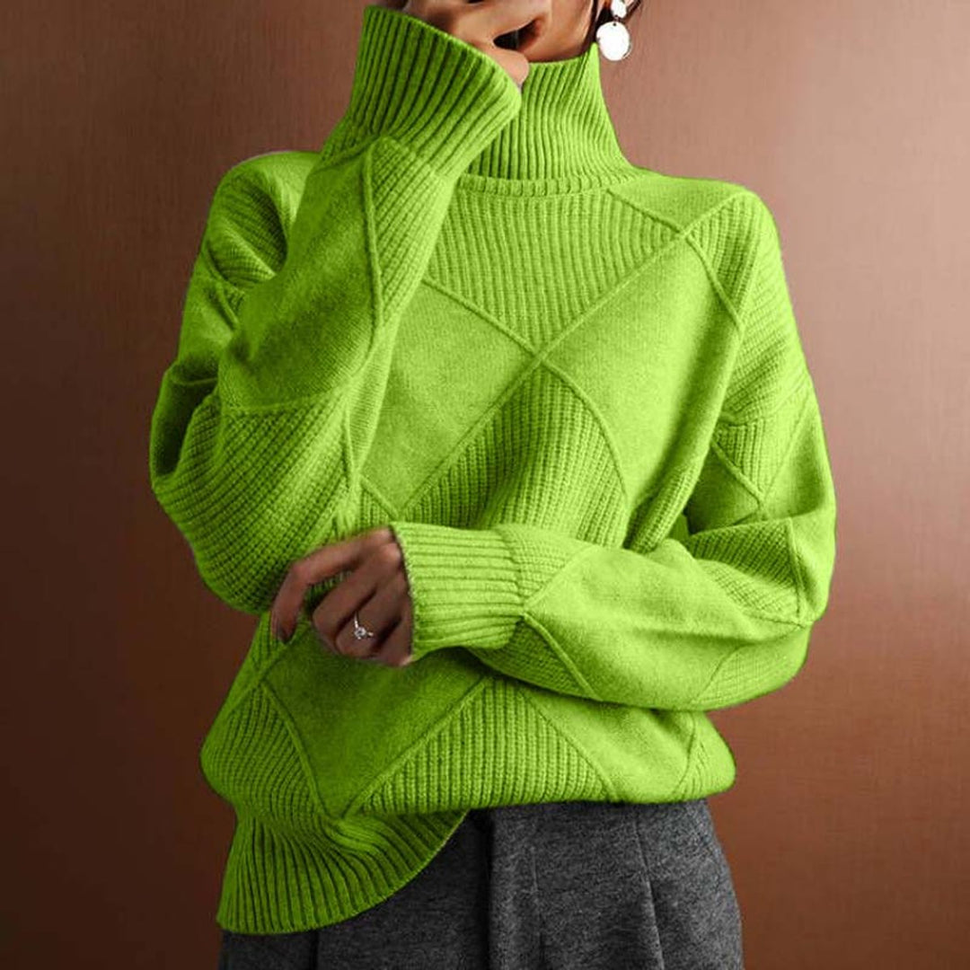 Women's Ribbed Argyle Turtleneck Jumper Relaxed Knit Pullover