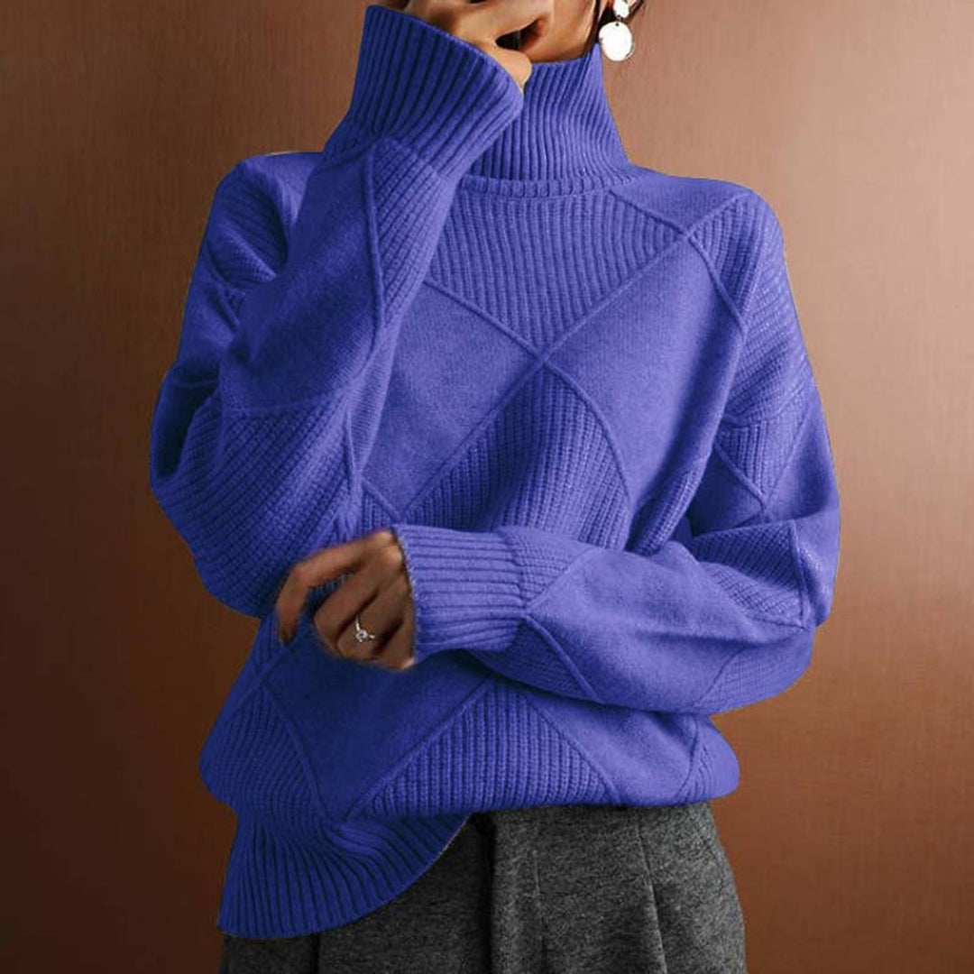 Women's Ribbed Argyle Turtleneck Jumper Relaxed Knit Pullover