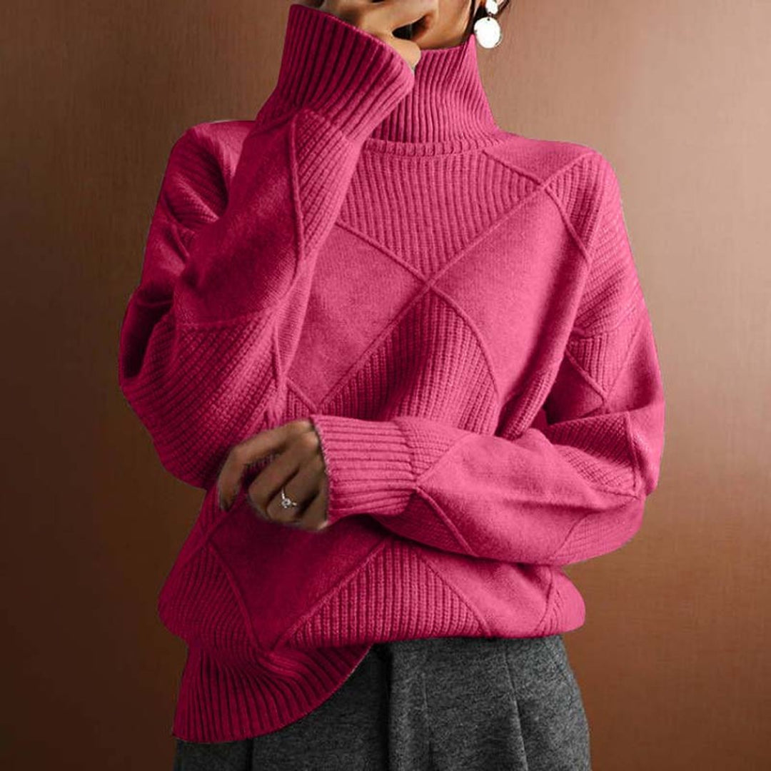 Women's Ribbed Argyle Turtleneck Jumper Relaxed Knit Pullover
