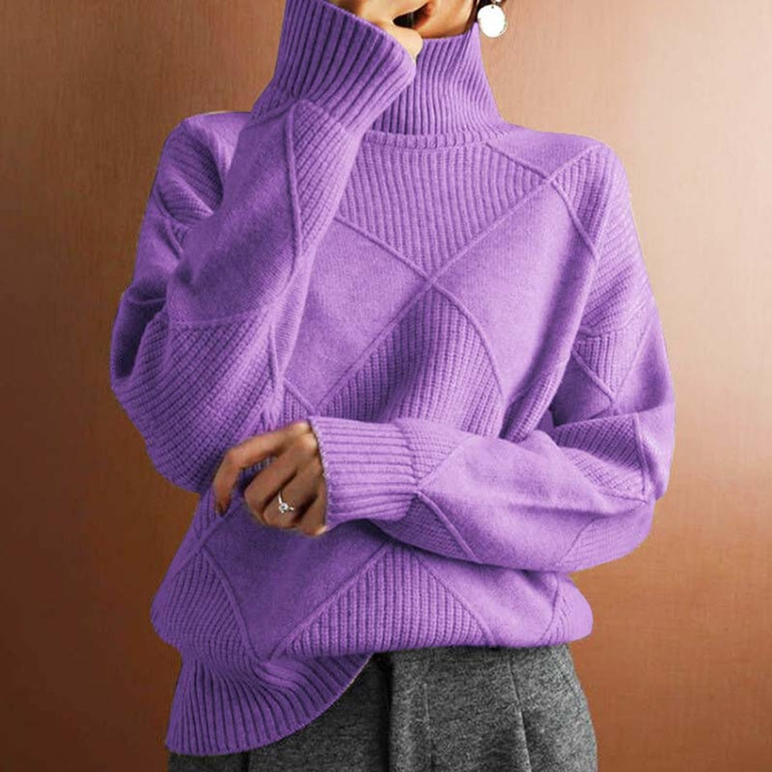 Women's Ribbed Argyle Turtleneck Jumper Relaxed Knit Pullover