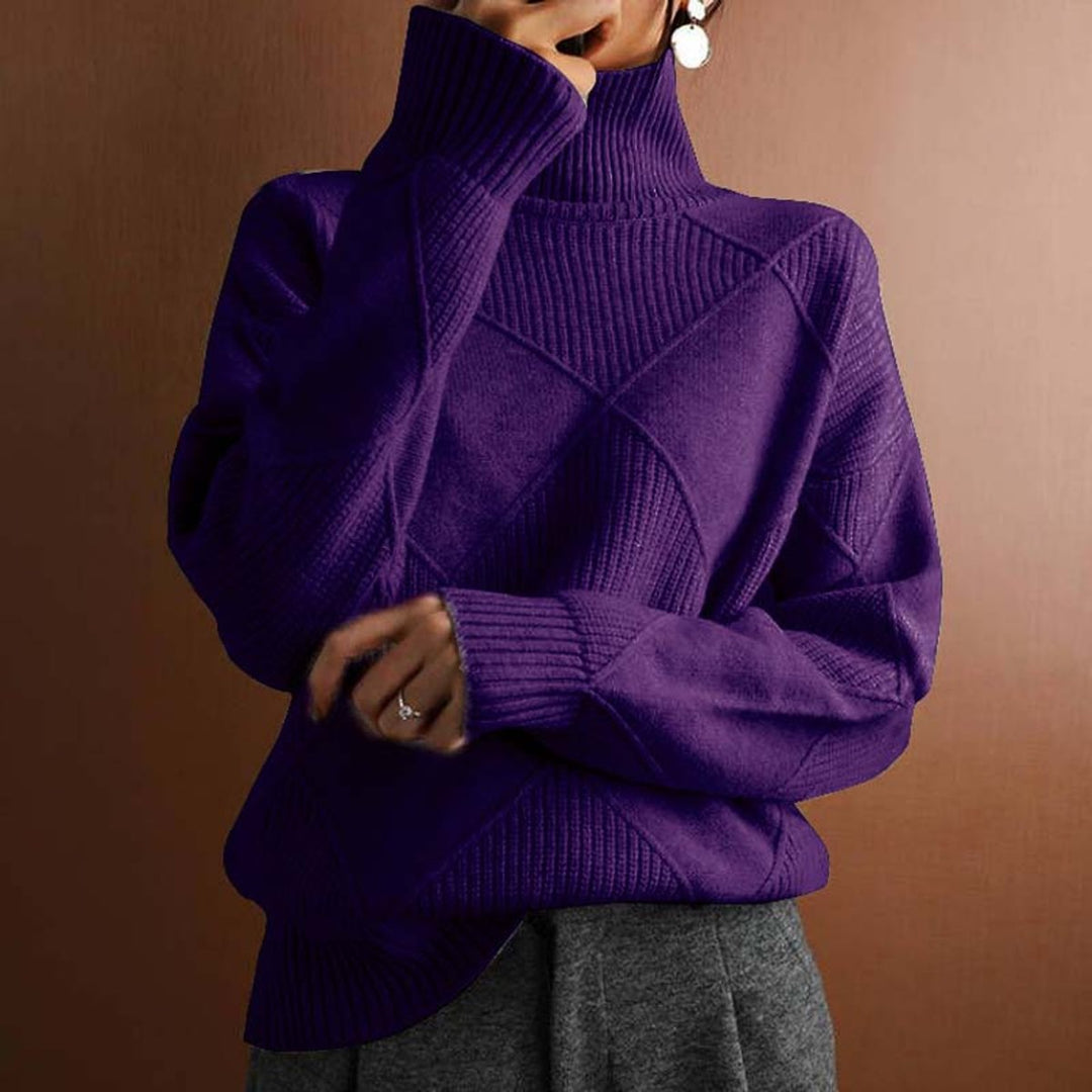 Women's Ribbed Argyle Turtleneck Jumper Relaxed Knit Pullover