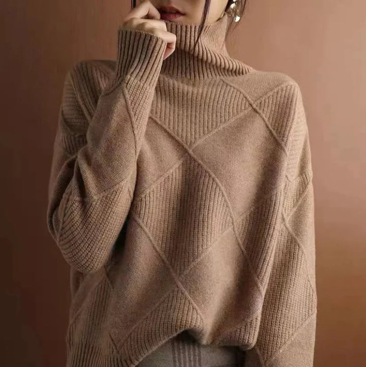 Women's Ribbed Argyle Turtleneck Jumper Relaxed Knit Pullover