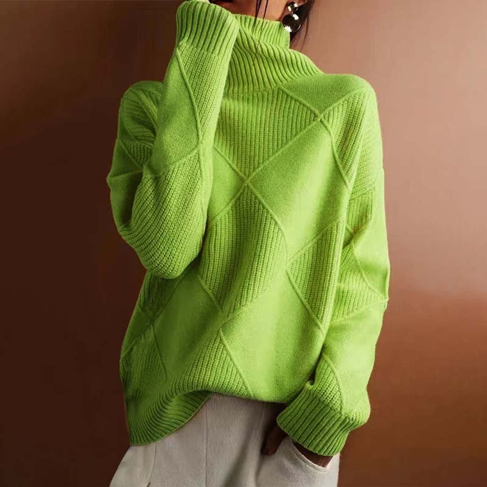 Women's Ribbed Argyle Turtleneck Jumper Relaxed Knit Pullover