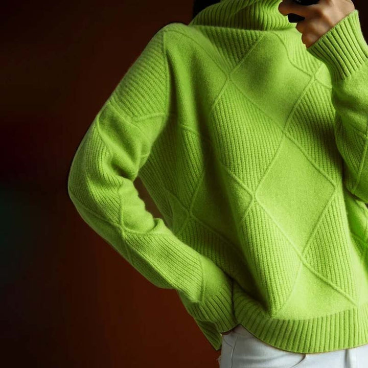 Women's Ribbed Argyle Turtleneck Jumper Relaxed Knit Pullover