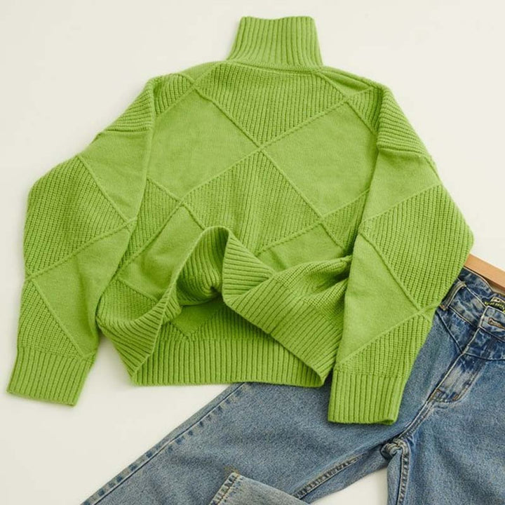 Women's Ribbed Argyle Turtleneck Jumper Relaxed Knit Pullover