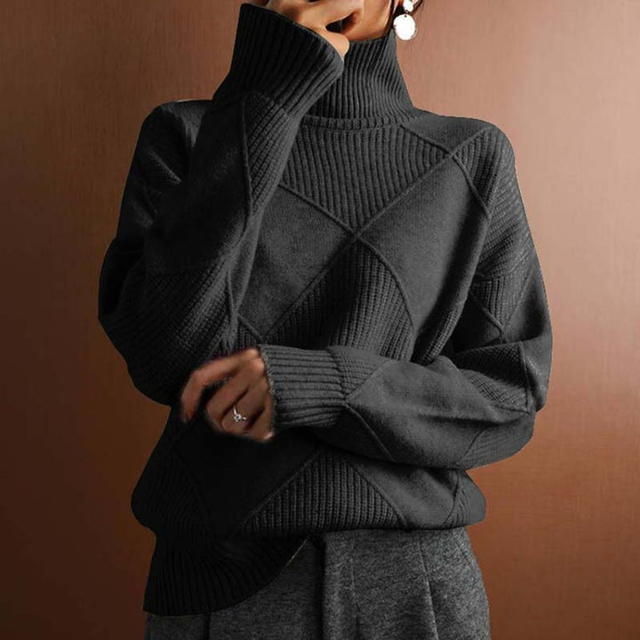 Women's Ribbed Argyle Turtleneck Jumper Relaxed Knit Pullover