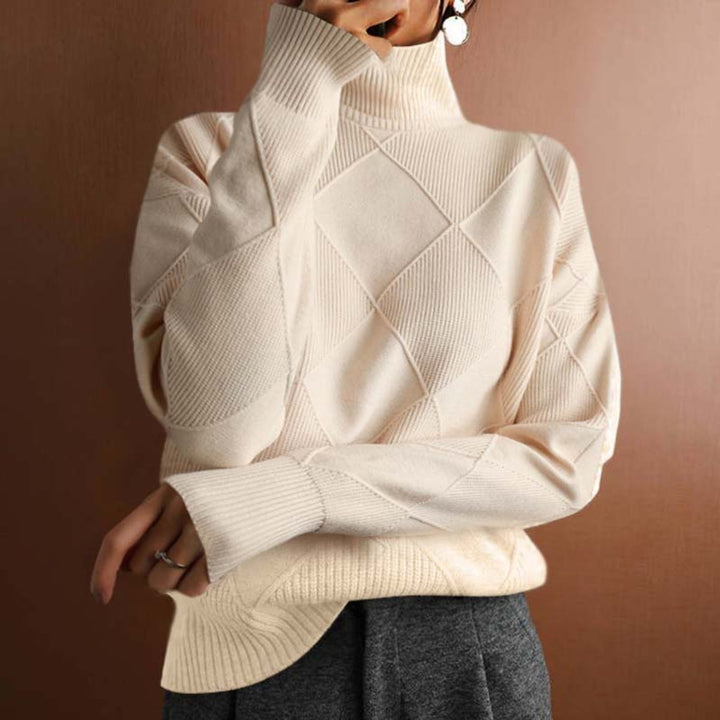 Women's Ribbed Argyle Turtleneck Jumper Relaxed Knit Pullover