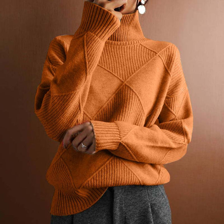 Women's Ribbed Argyle Turtleneck Jumper Relaxed Knit Pullover