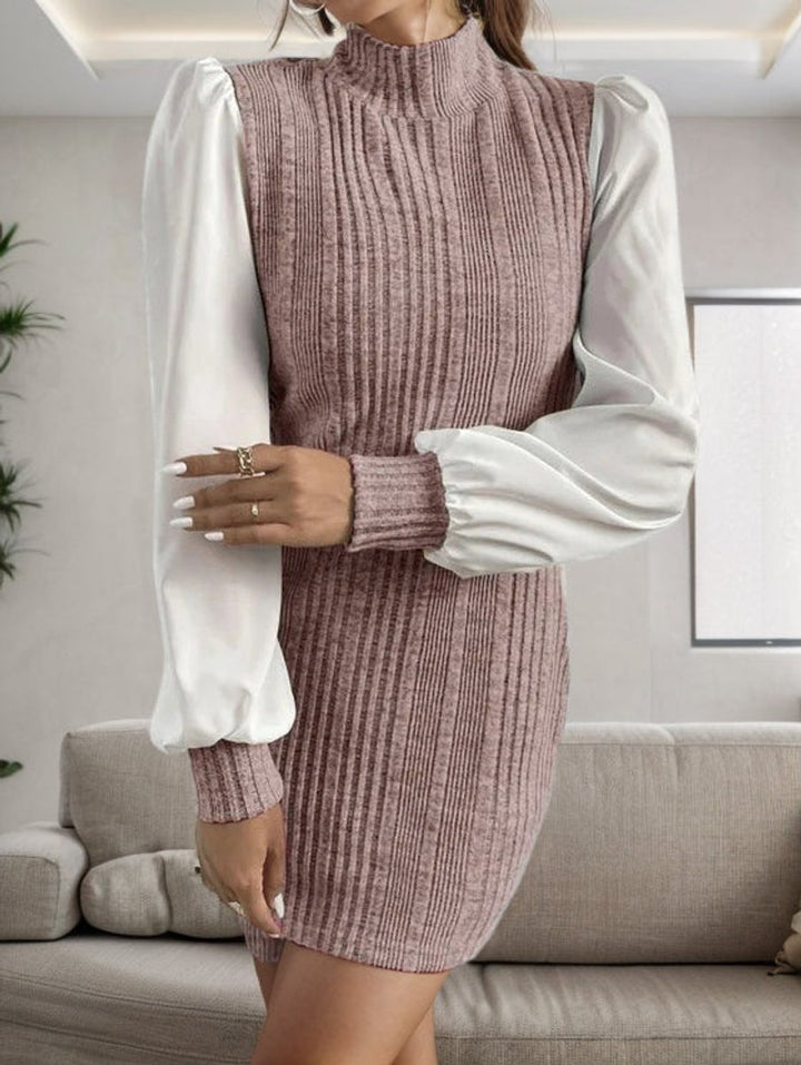 Women's Ribbed Contrast-Sleeve Bodycon Knitted Dress