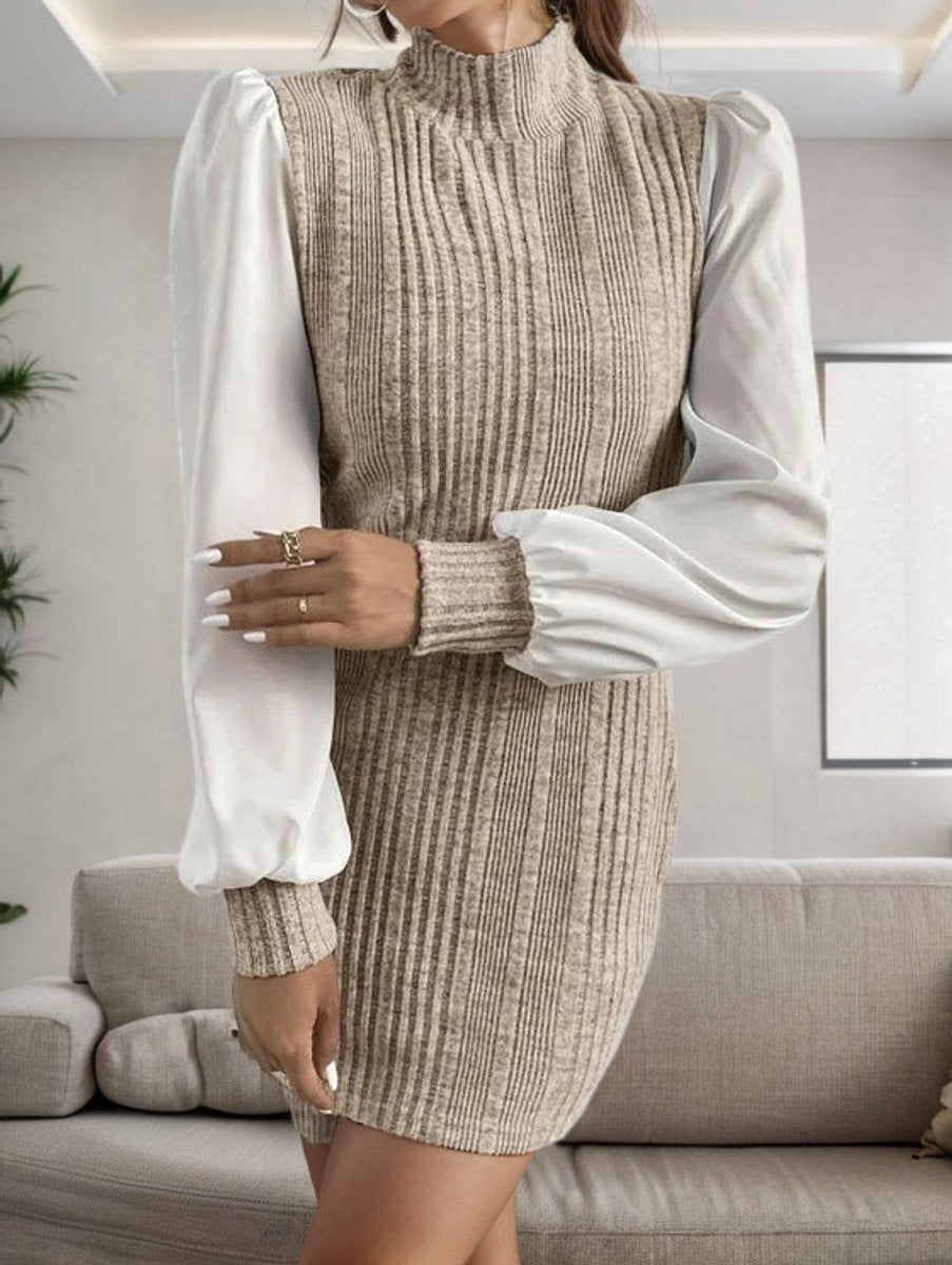 Women's Ribbed Contrast-Sleeve Bodycon Knitted Dress