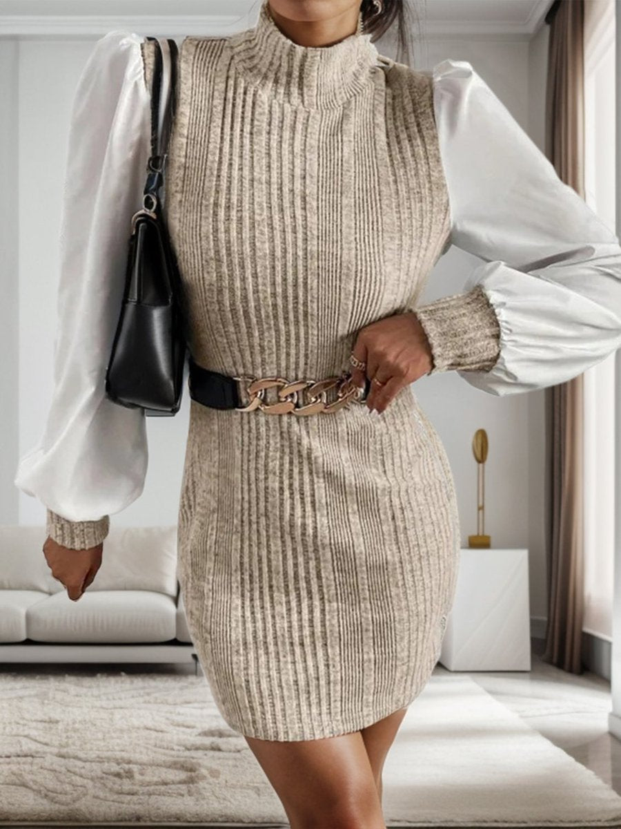 Women's Ribbed Contrast-Sleeve Bodycon Knitted Dress