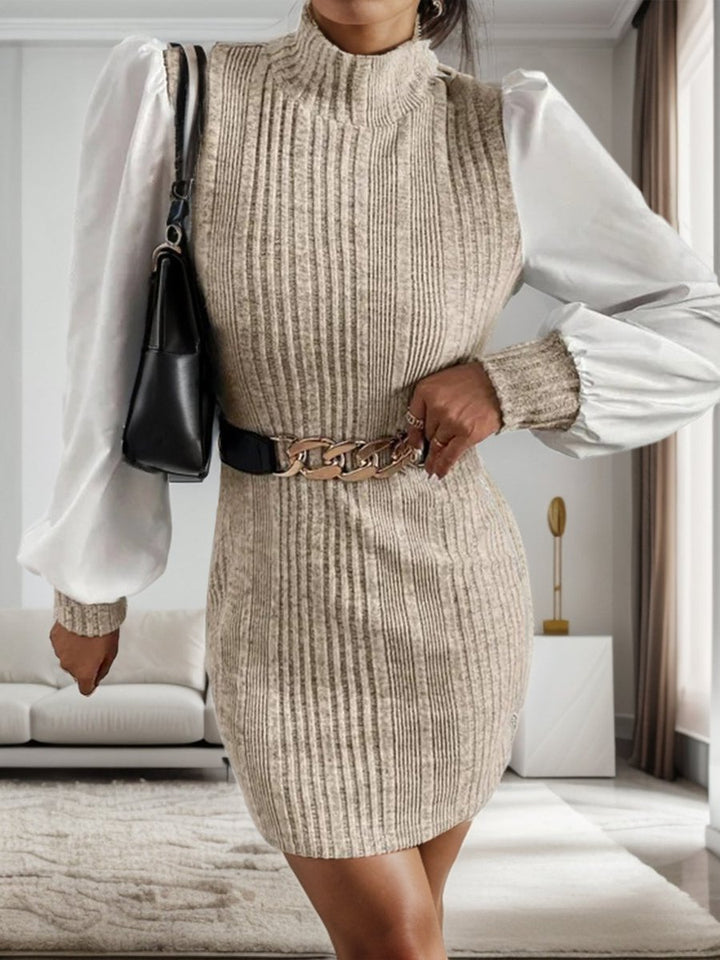 Women's Ribbed Contrast-Sleeve Bodycon Knitted Dress