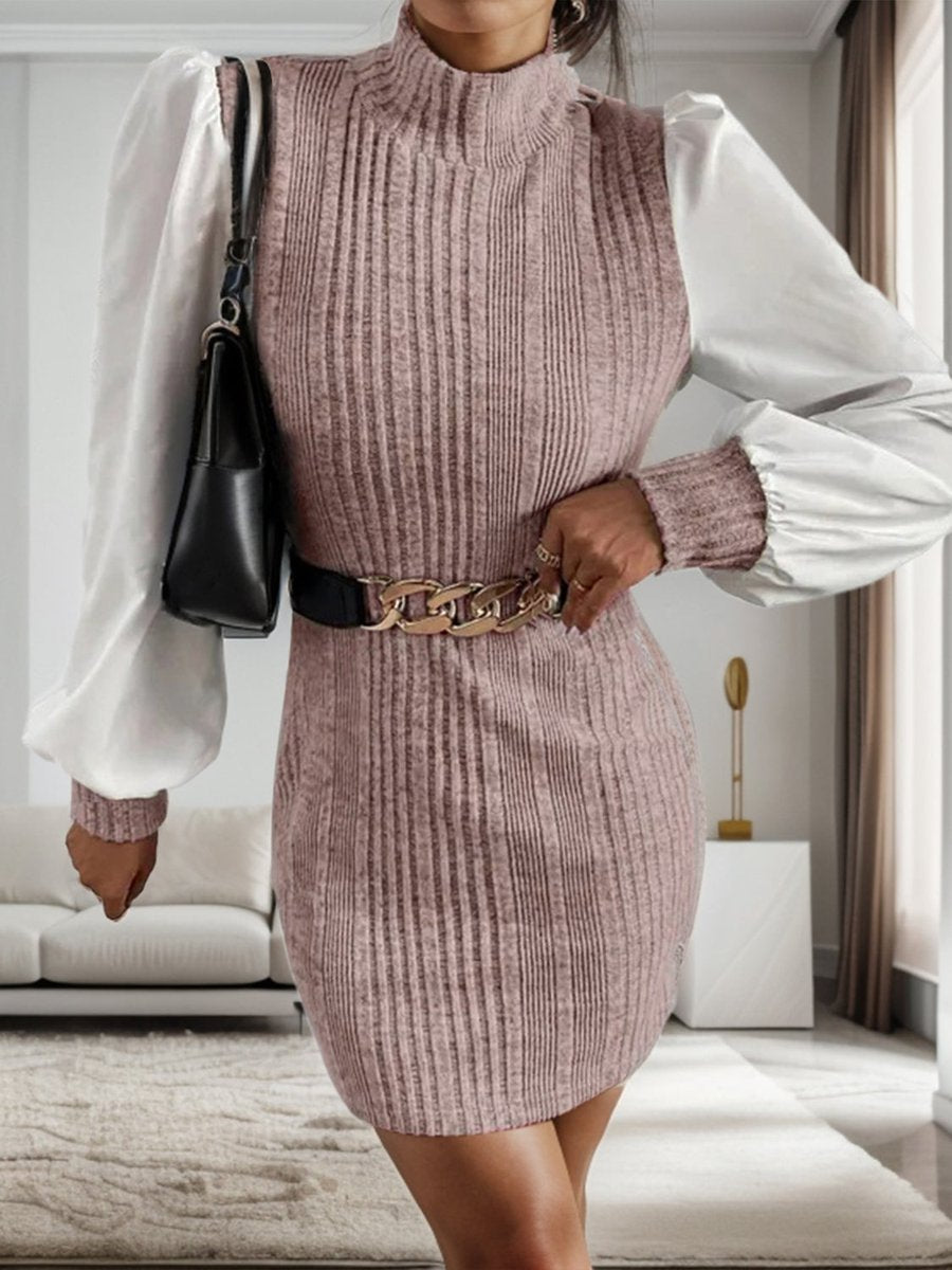 Women's Ribbed Contrast-Sleeve Bodycon Knitted Dress
