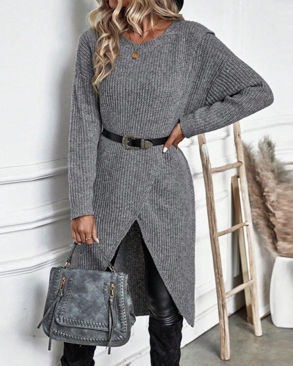 Women's Ribbed Knitted Dress Long-Sleeve Asymmetric Hem Jumper Dress