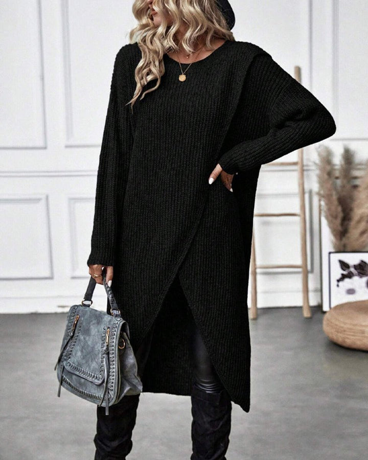 Women's Ribbed Knitted Dress Long-Sleeve Asymmetric Hem Jumper Dress