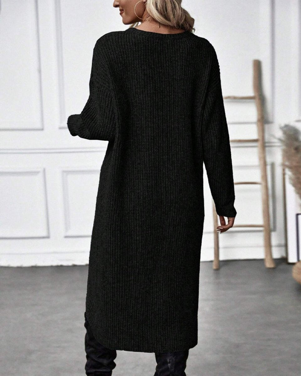 Women's Ribbed Knitted Dress Long-Sleeve Asymmetric Hem Jumper Dress