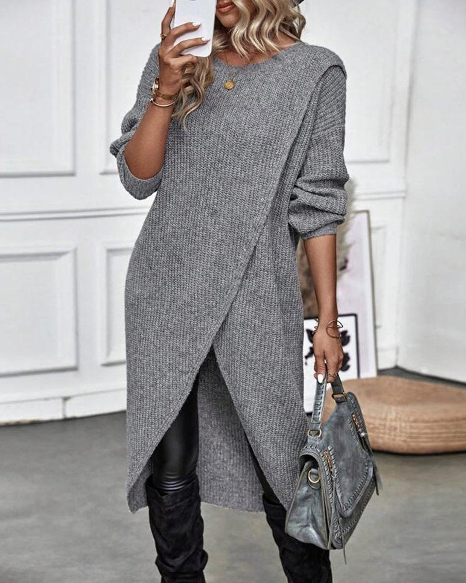 Women's Ribbed Knitted Dress Long-Sleeve Asymmetric Hem Jumper Dress