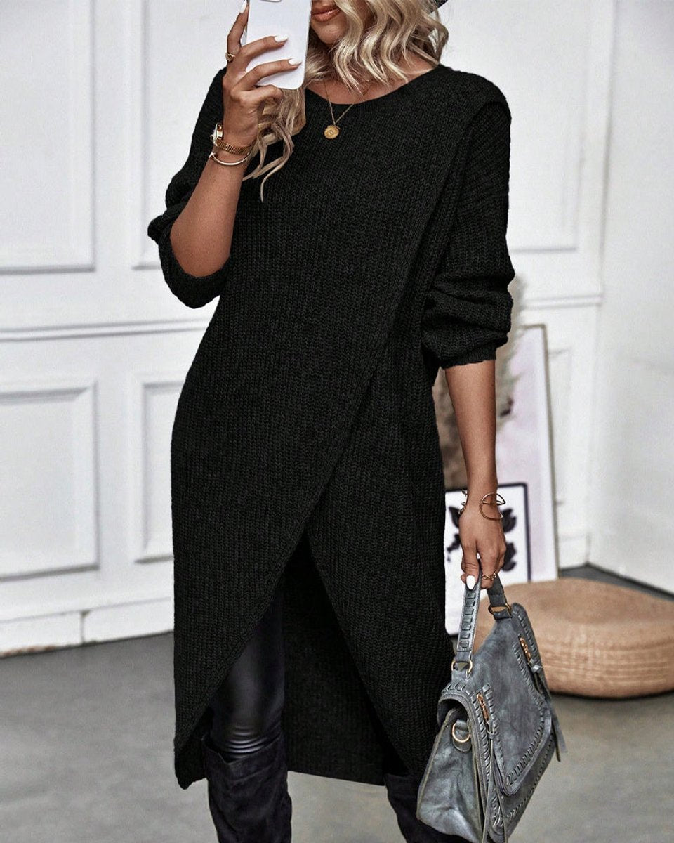 Women's Ribbed Knitted Dress Long-Sleeve Asymmetric Hem Jumper Dress