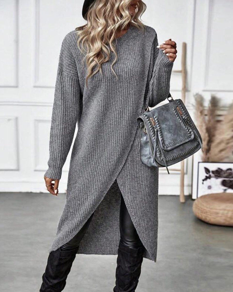 Women's Ribbed Knitted Dress Long-Sleeve Asymmetric Hem Jumper Dress
