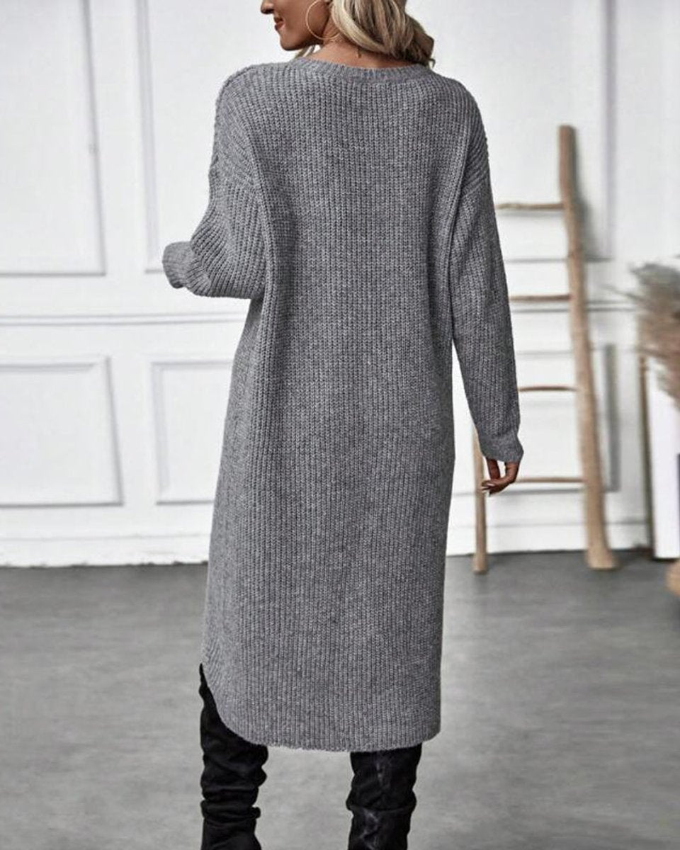 Women's Ribbed Knitted Dress Long-Sleeve Asymmetric Hem Jumper Dress