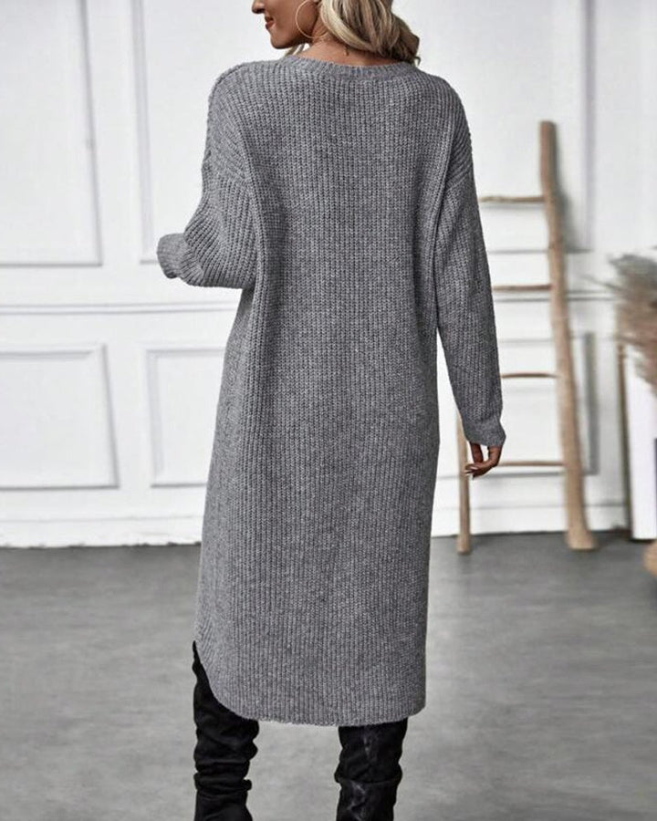 Women's Ribbed Knitted Dress Long-Sleeve Asymmetric Hem Jumper Dress
