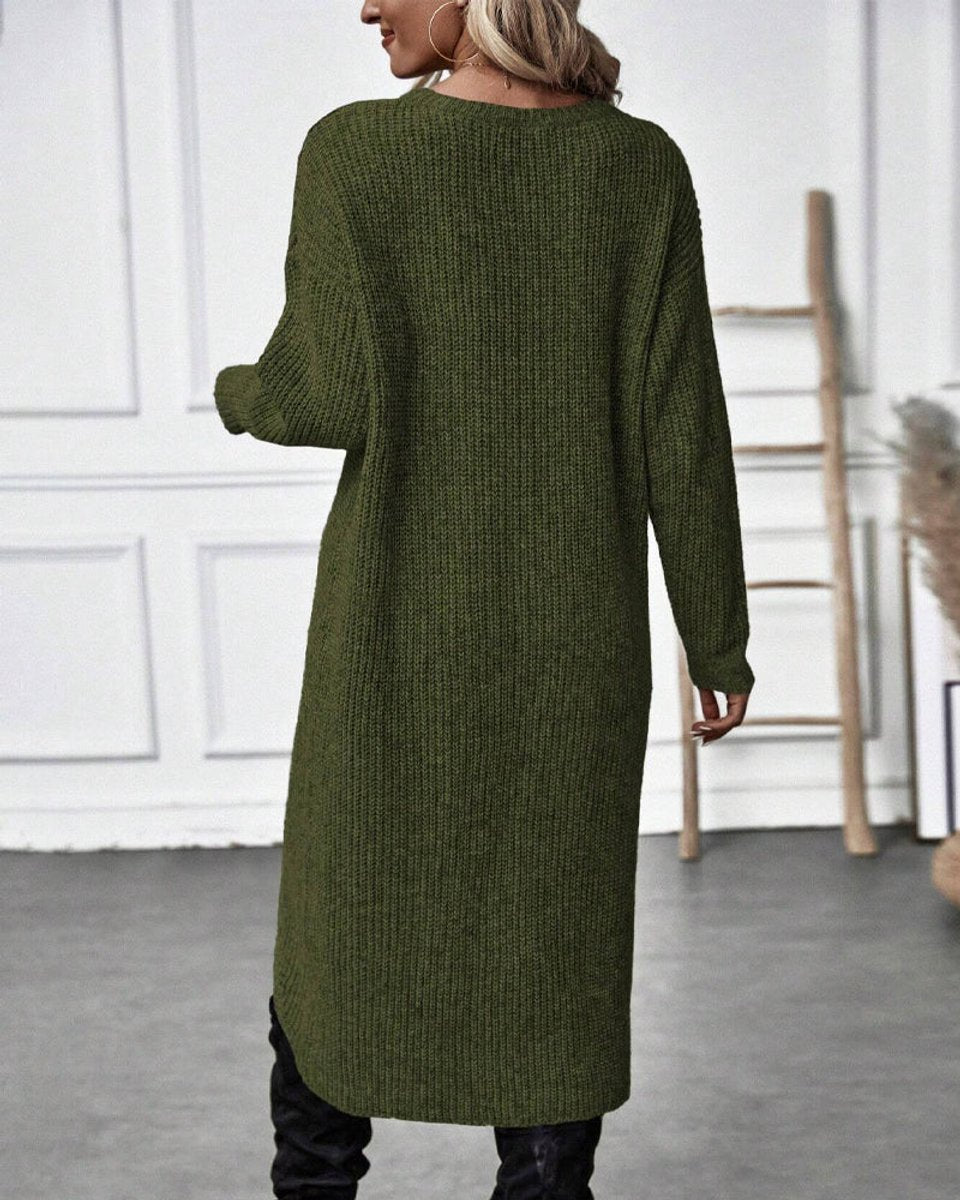 Women's Ribbed Knitted Dress Long-Sleeve Asymmetric Hem Jumper Dress
