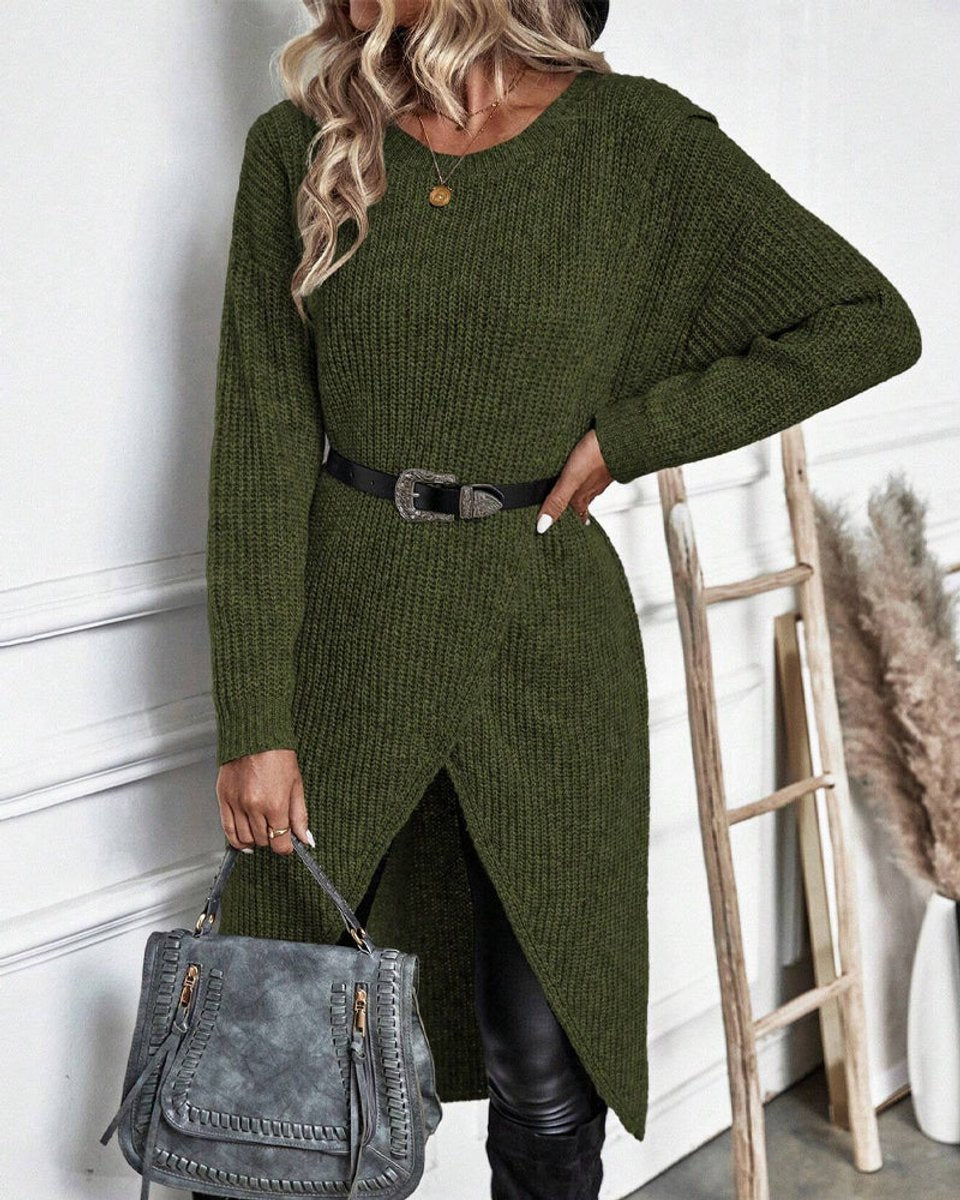 Women's Ribbed Knitted Dress Long-Sleeve Asymmetric Hem Jumper Dress