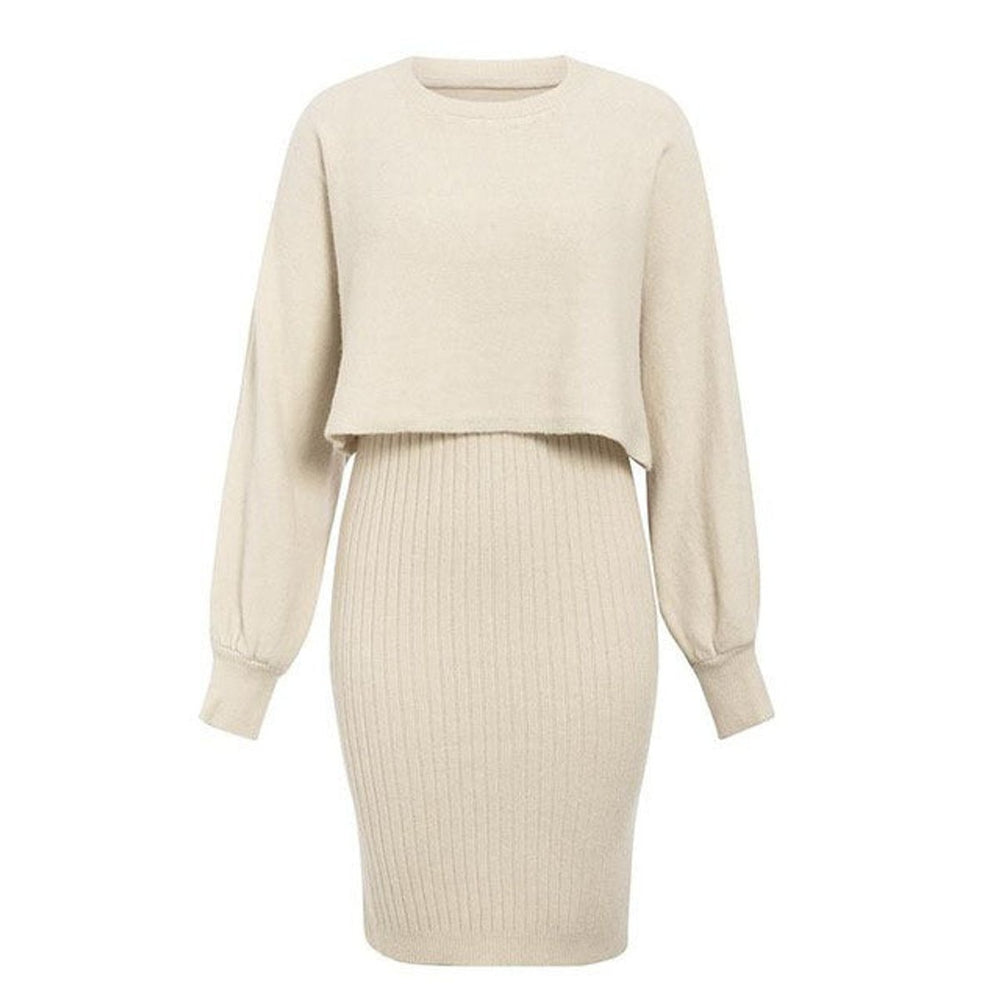 Women's Ribbed Knitted Dress Two-Piece Jumper Set
