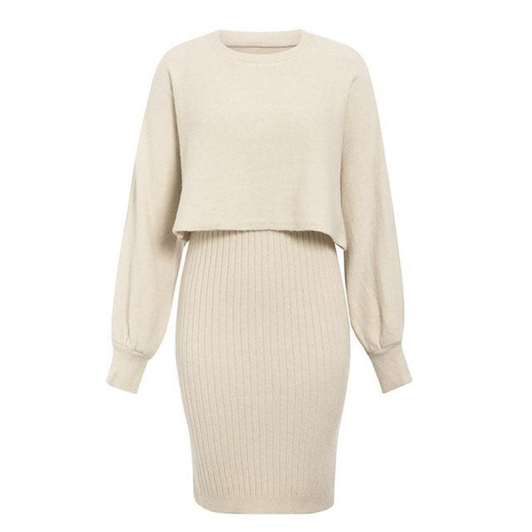 Women's Ribbed Knitted Dress Two-Piece Jumper Set