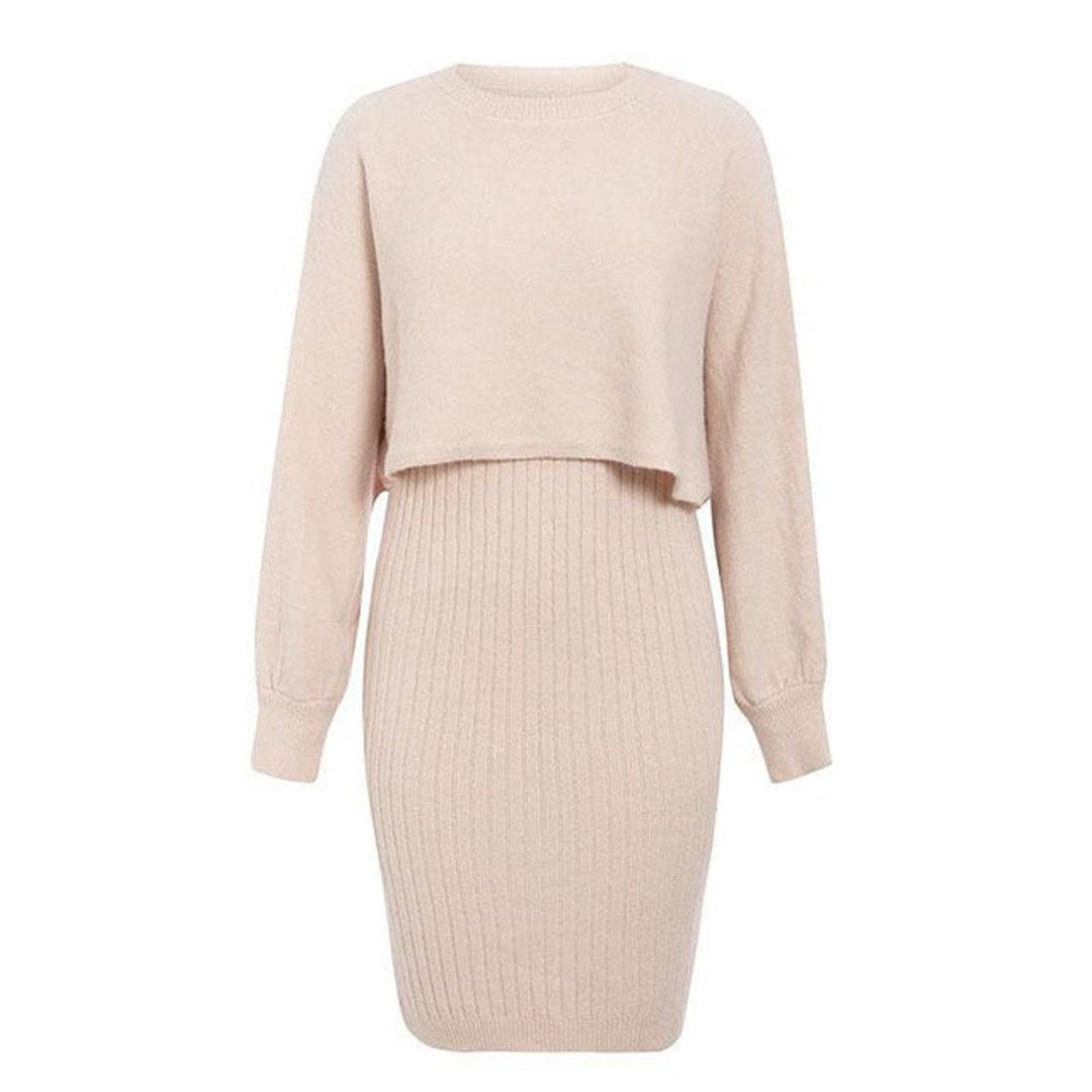 Women's Ribbed Knitted Dress Two-Piece Jumper Set