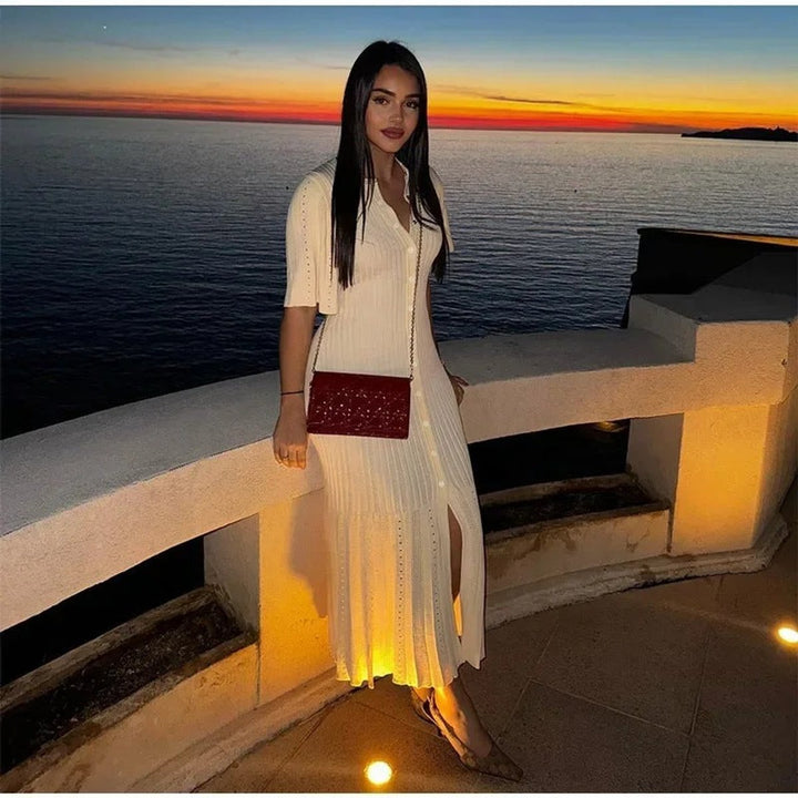 Women's Ribbed Knitted Dress V-Neck Short Sleeve Maxi