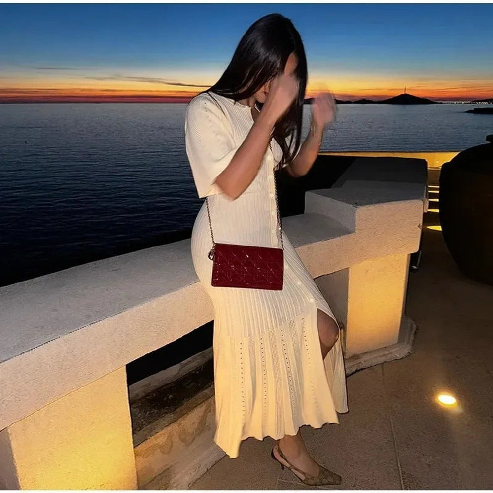 Women's Ribbed Knitted Dress V-Neck Short Sleeve Maxi