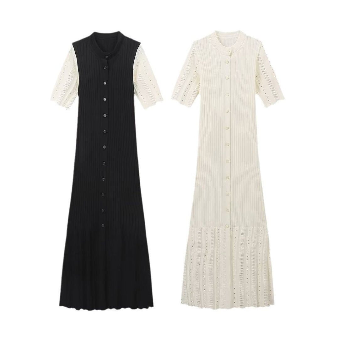 Women's Ribbed Knitted Dress V-Neck Short Sleeve Maxi