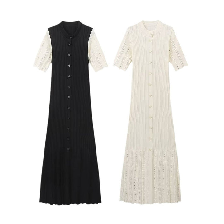Women's Ribbed Knitted Dress V-Neck Short Sleeve Maxi