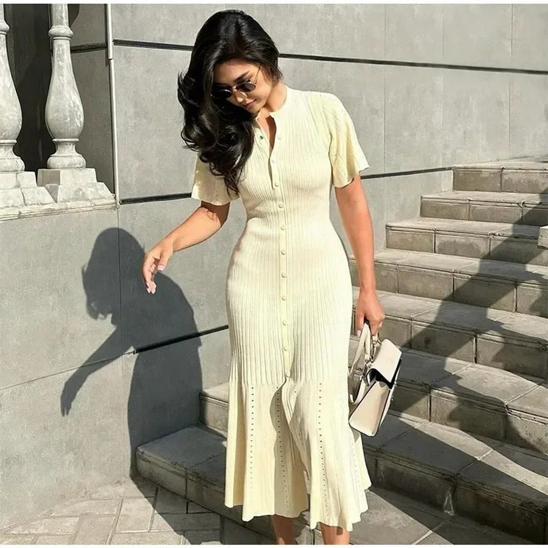Women's Ribbed Knitted Dress V-Neck Short Sleeve Maxi