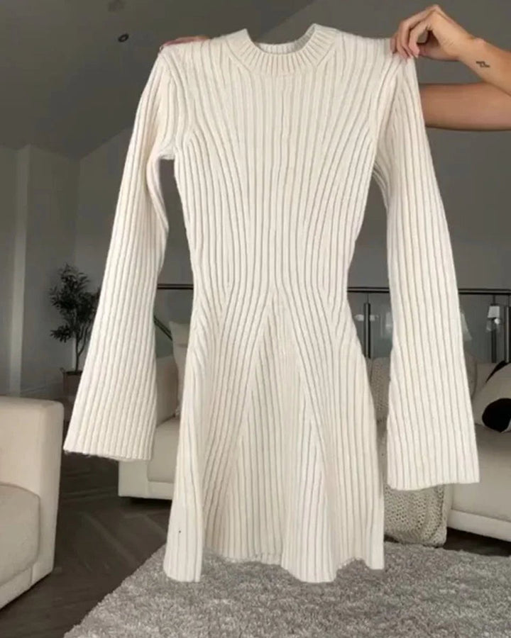 Women's Ribbed Long-Sleeve Flared Knitted Dress