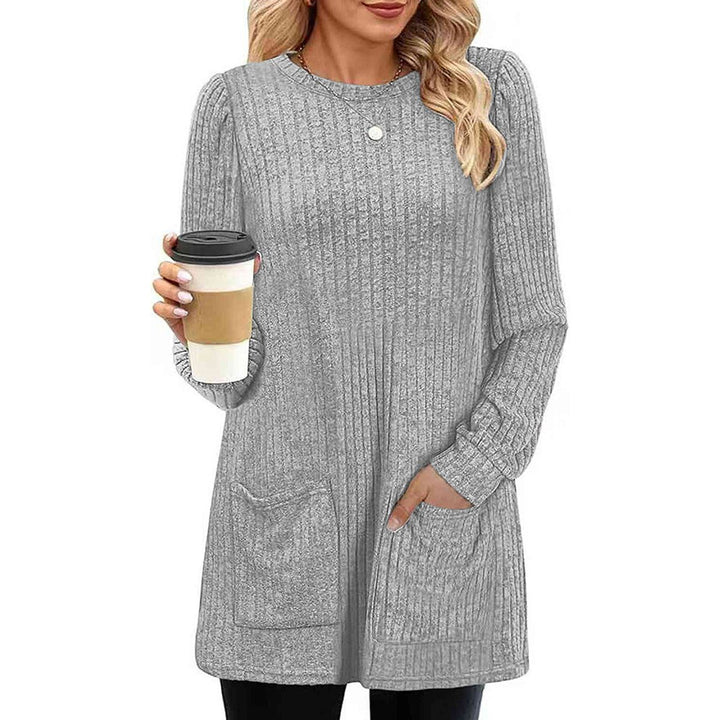 Women's Ribbed Long-Sleeve Midi Knitted Dress Puff Shoulder Pockets