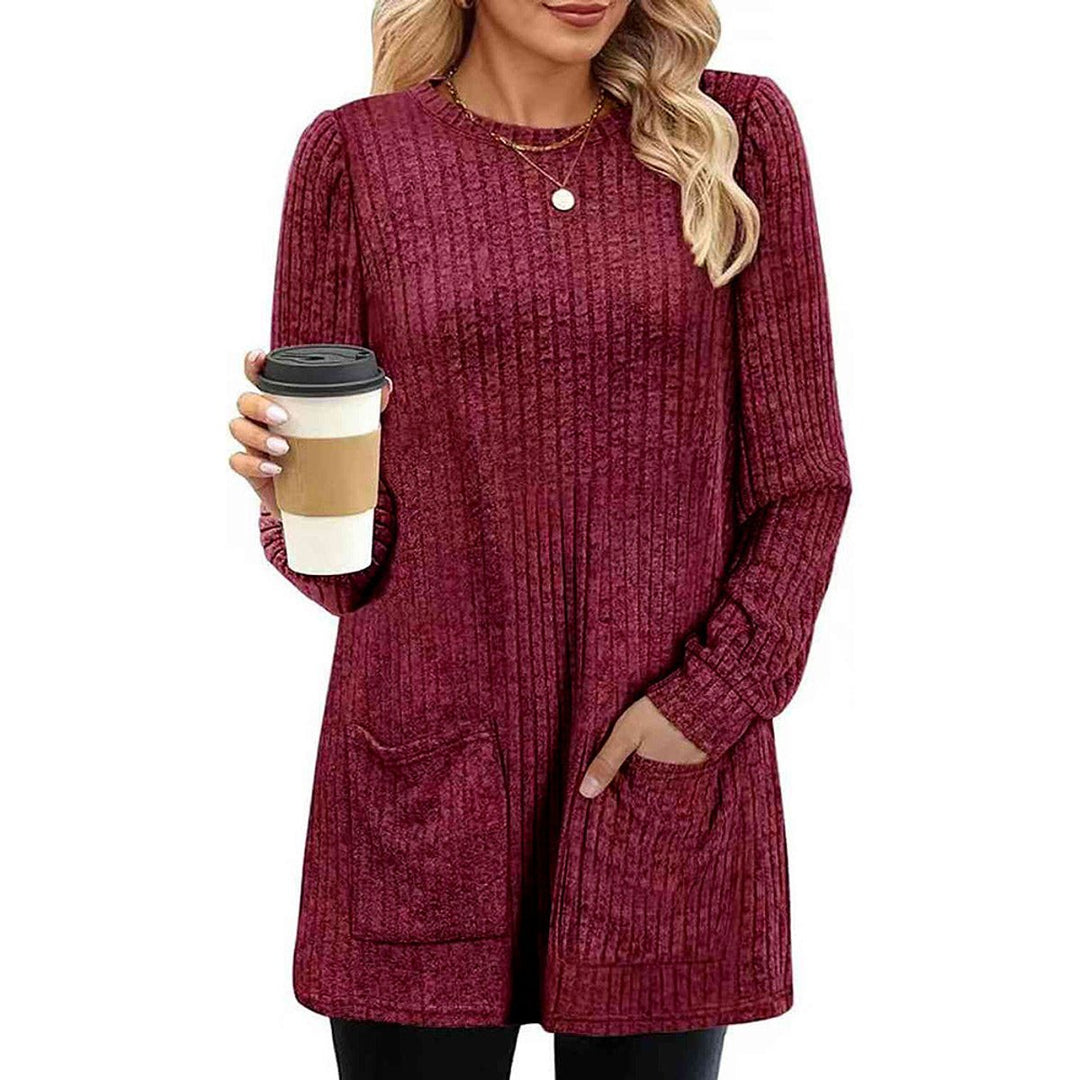 Women's Ribbed Long-Sleeve Midi Knitted Dress Puff Shoulder Pockets
