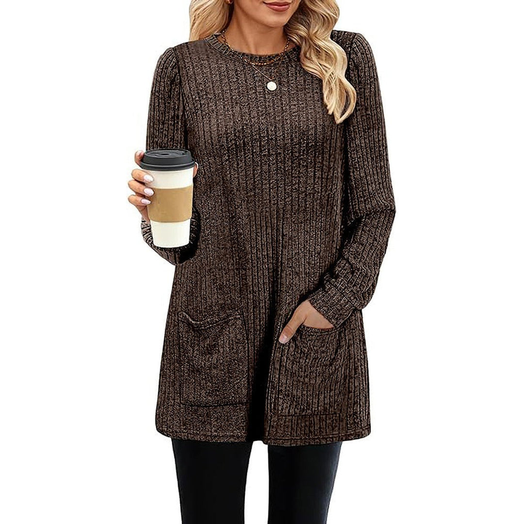 Women's Ribbed Long-Sleeve Midi Knitted Dress Puff Shoulder Pockets