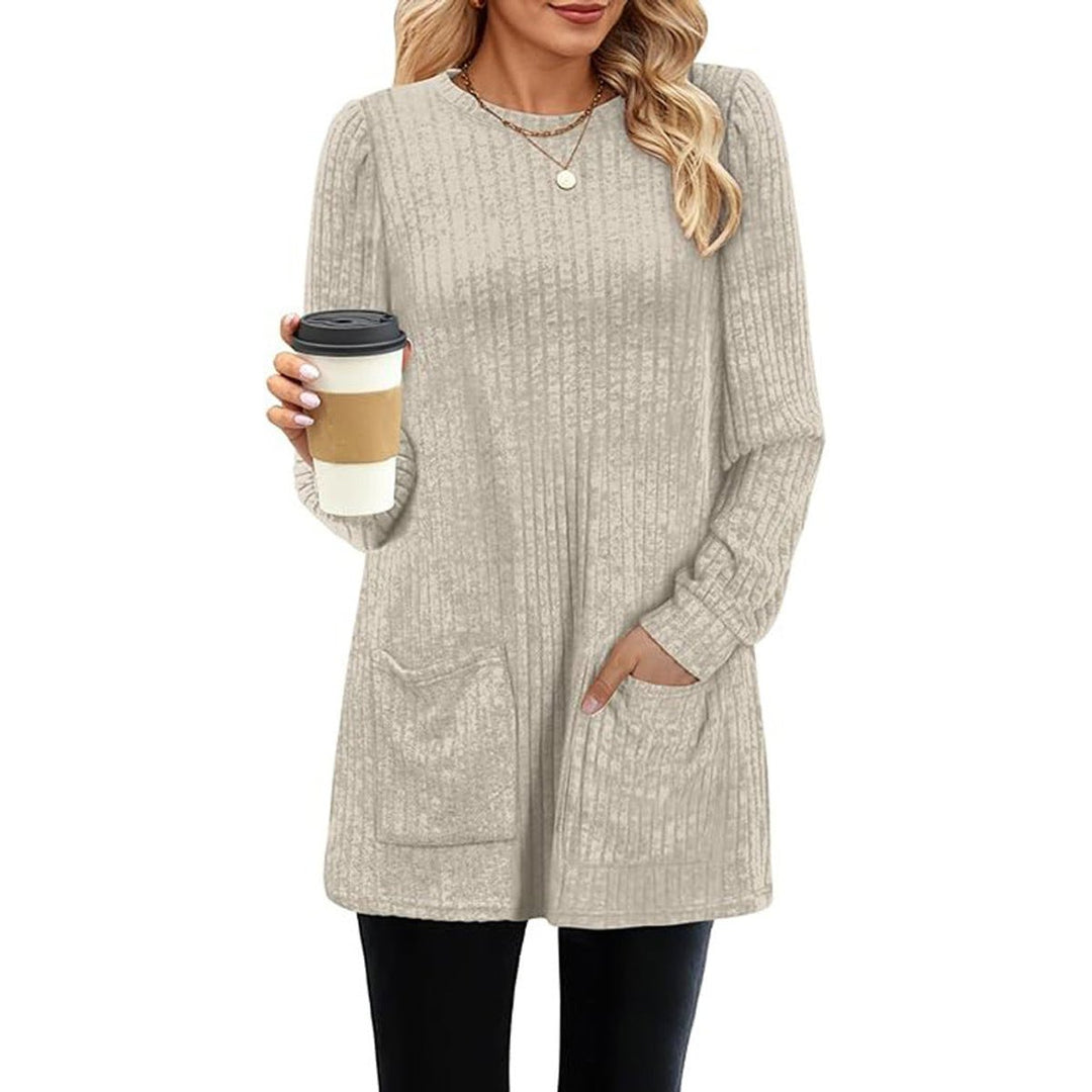 Women's Ribbed Long-Sleeve Midi Knitted Dress Puff Shoulder Pockets