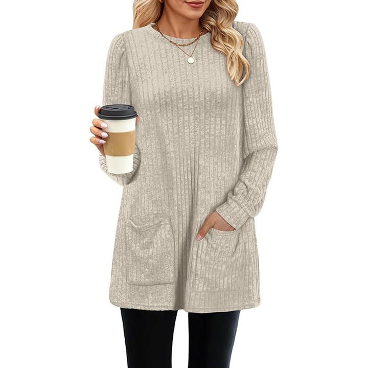 Women's Ribbed Long-Sleeve Midi Knitted Dress Puff Shoulder Pockets