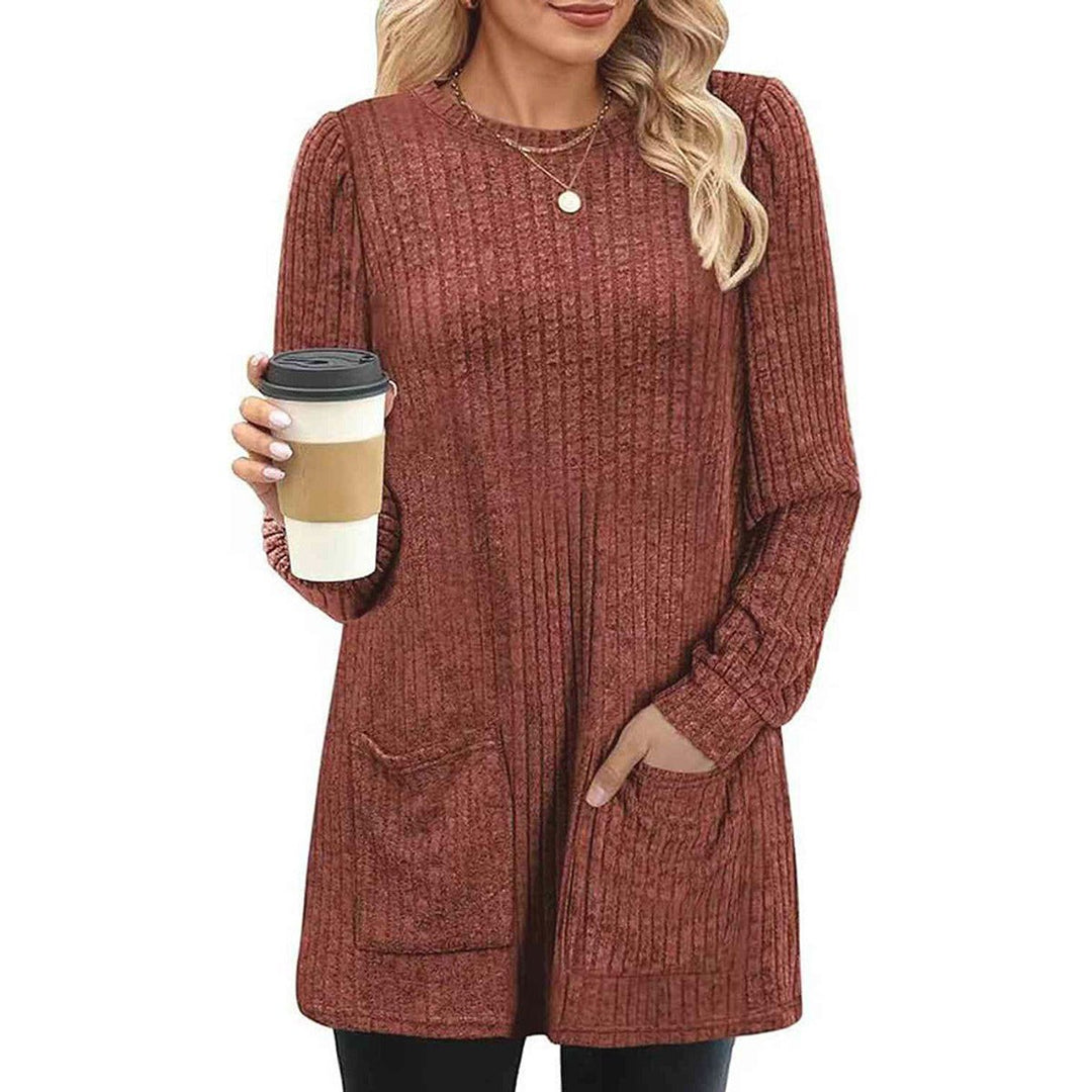 Women's Ribbed Long-Sleeve Midi Knitted Dress Puff Shoulder Pockets