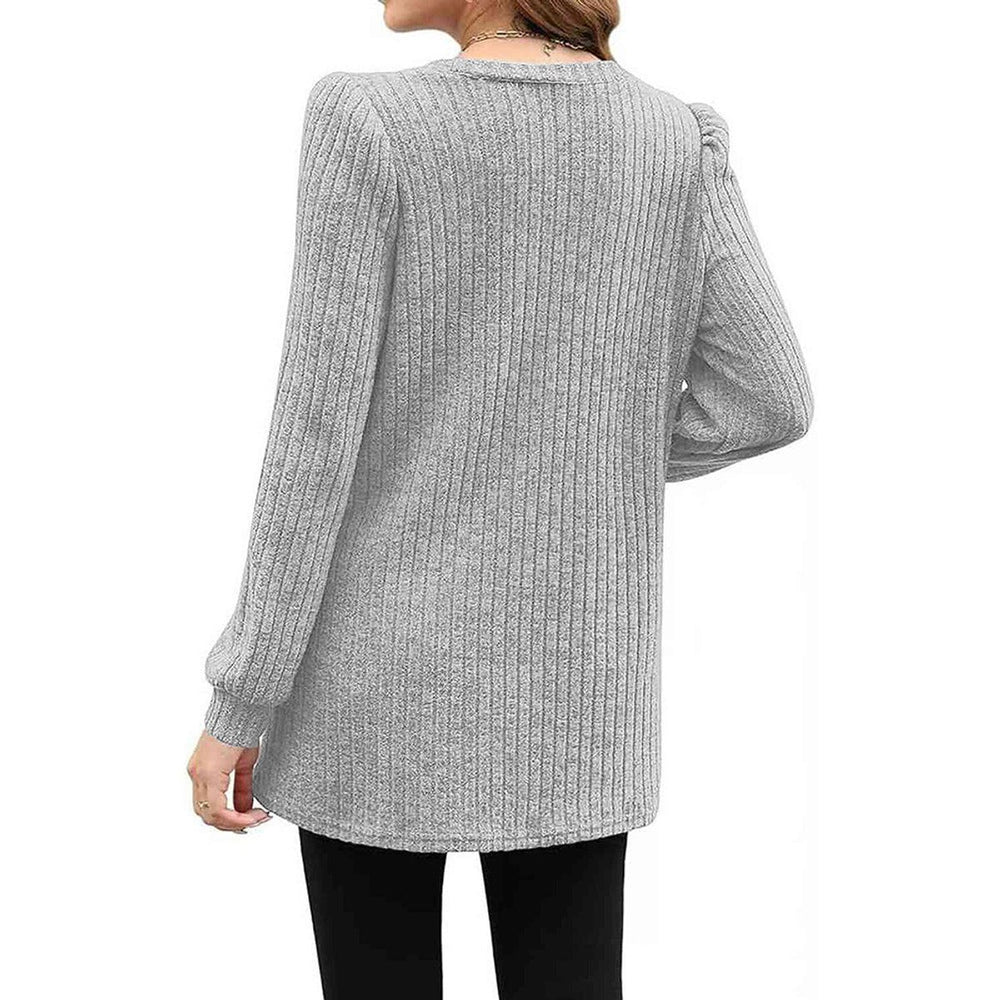 Women's Ribbed Long-Sleeve Midi Knitted Dress Puff Shoulder Pockets