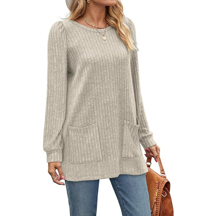 Women's Ribbed Long-Sleeve Midi Knitted Dress Puff Shoulder Pockets