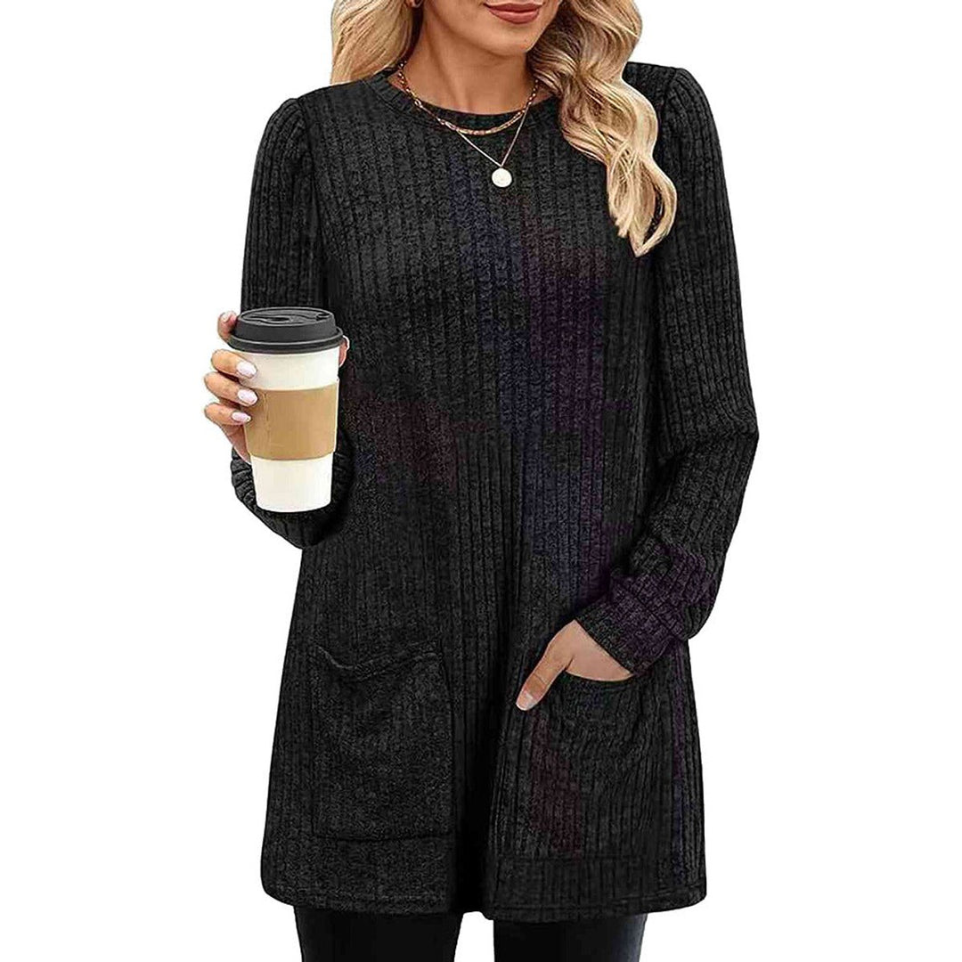 Women's Ribbed Long-Sleeve Midi Knitted Dress Puff Shoulder Pockets