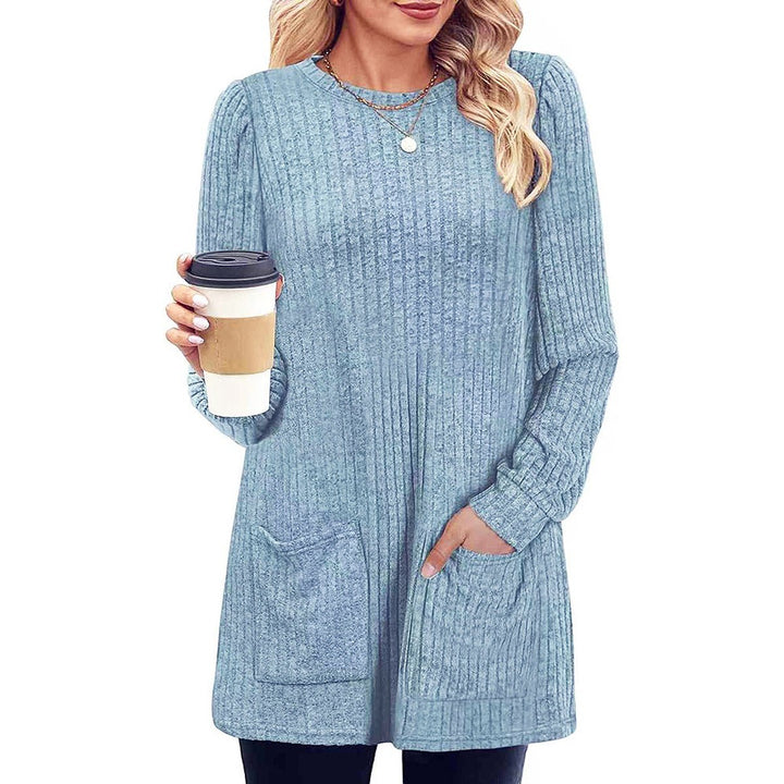Women's Ribbed Long-Sleeve Midi Knitted Dress Puff Shoulder Pockets