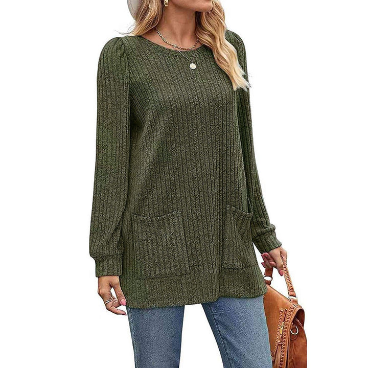 Women's Ribbed Long-Sleeve Midi Knitted Dress Puff Shoulder Pockets