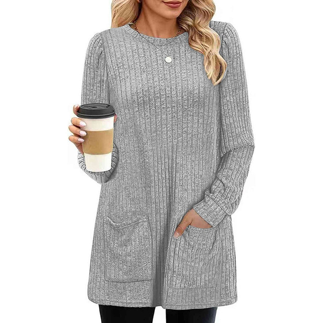 Women's Ribbed Long-Sleeve Midi Knitted Dress Puff Shoulder Pockets