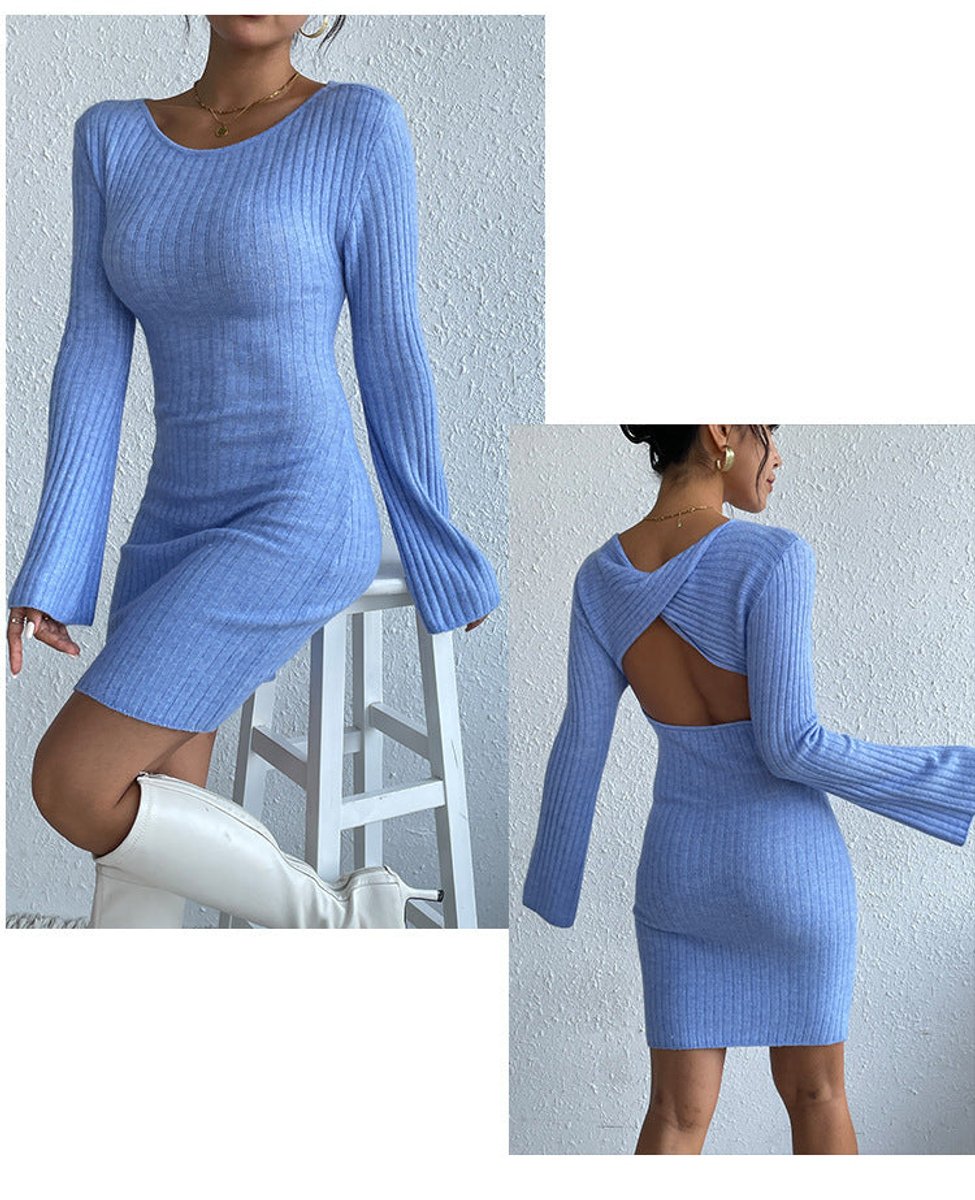 Women's Ribbed Open-Back Bell-Sleeve Bodycon Knitted Dress